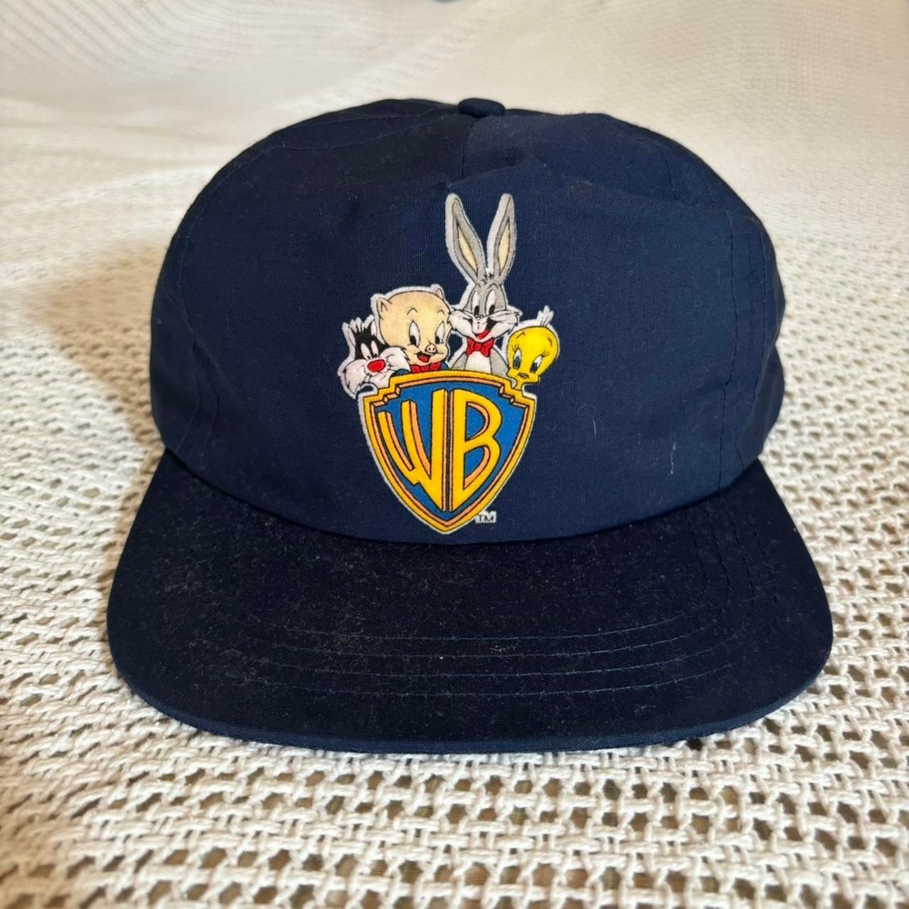 Vintage Warner bros bugs bunny cartoon hat strapback leather navy blue 90s Y2K